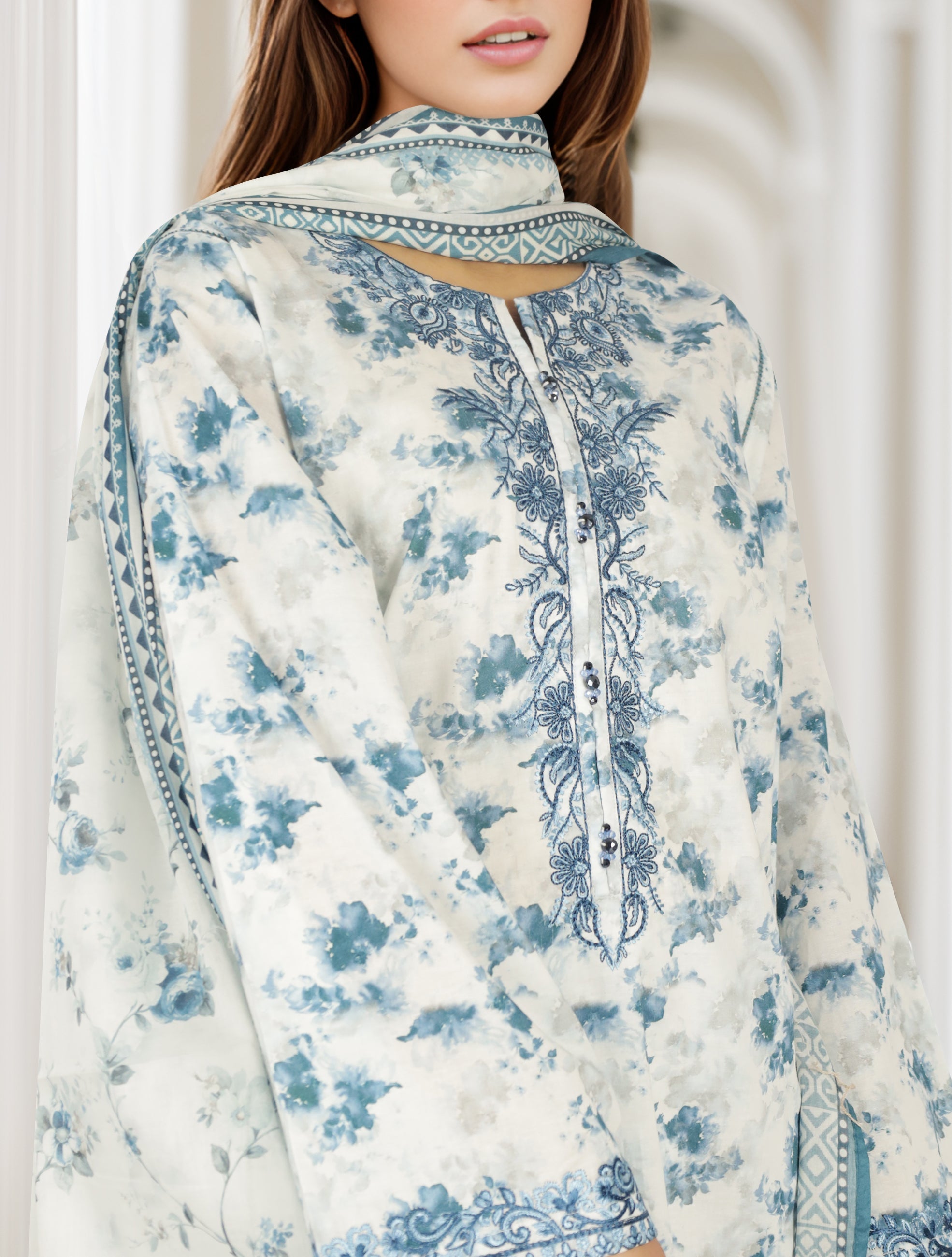 sachin and babi light blue dress Printed Embroidered Lawn Stitched 3 Piece – SAYA USA